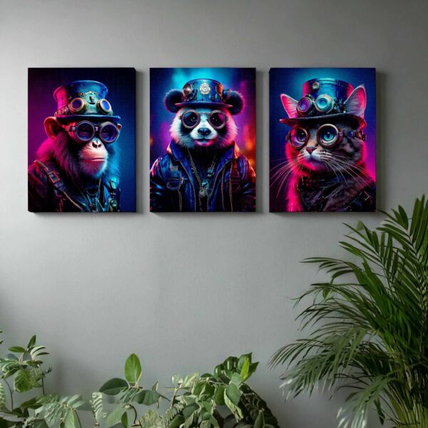 Cyberpunk animals with a hat: A cat, a panda, and a monkey