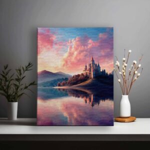 Pink anime style mountains, lake and castle 01