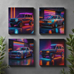 Modded cars in a hall with the neon lights