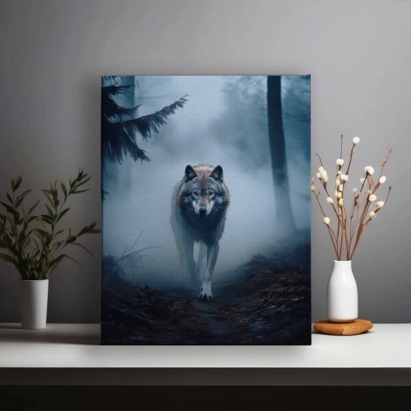 A loner wolf in a dark and foggy forest 01