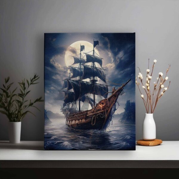 Pirate galleon from 1750 in the bright night sky with full moon 02