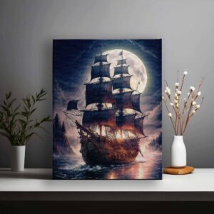 Pirate galleon from 1750 in the bright night sky with full moon 01