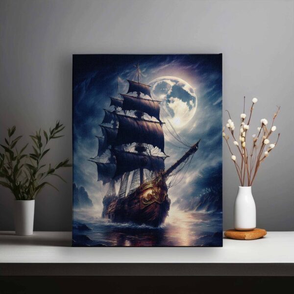 Pirate galleon from 1750 in the bright night sky with full moon 03